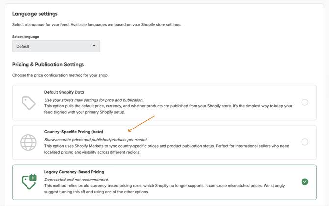 pricing & pulication settings three options